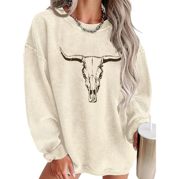 Tops - Womens Apricot 2 Cowgirl Rodeo Western Country Concert Boho Cow Skull Sweatshirt